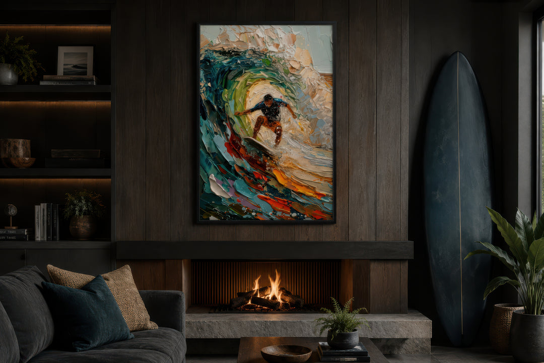 Surfer riding a wave framed canvas wall art in a textured, impressionistic style.