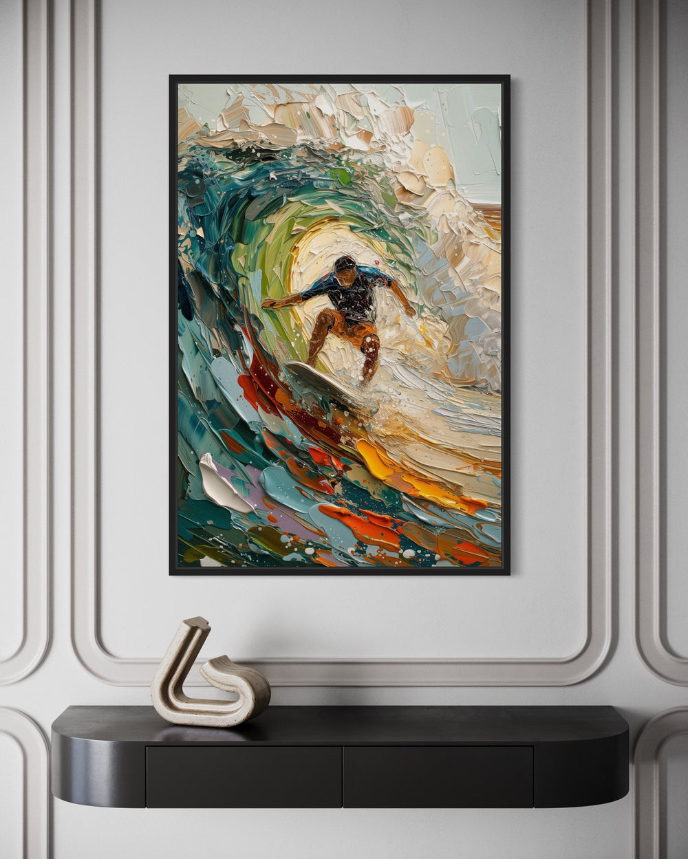 Framed canvas wall art of a surfer riding a colorful, textured wave in an impressionistic style.