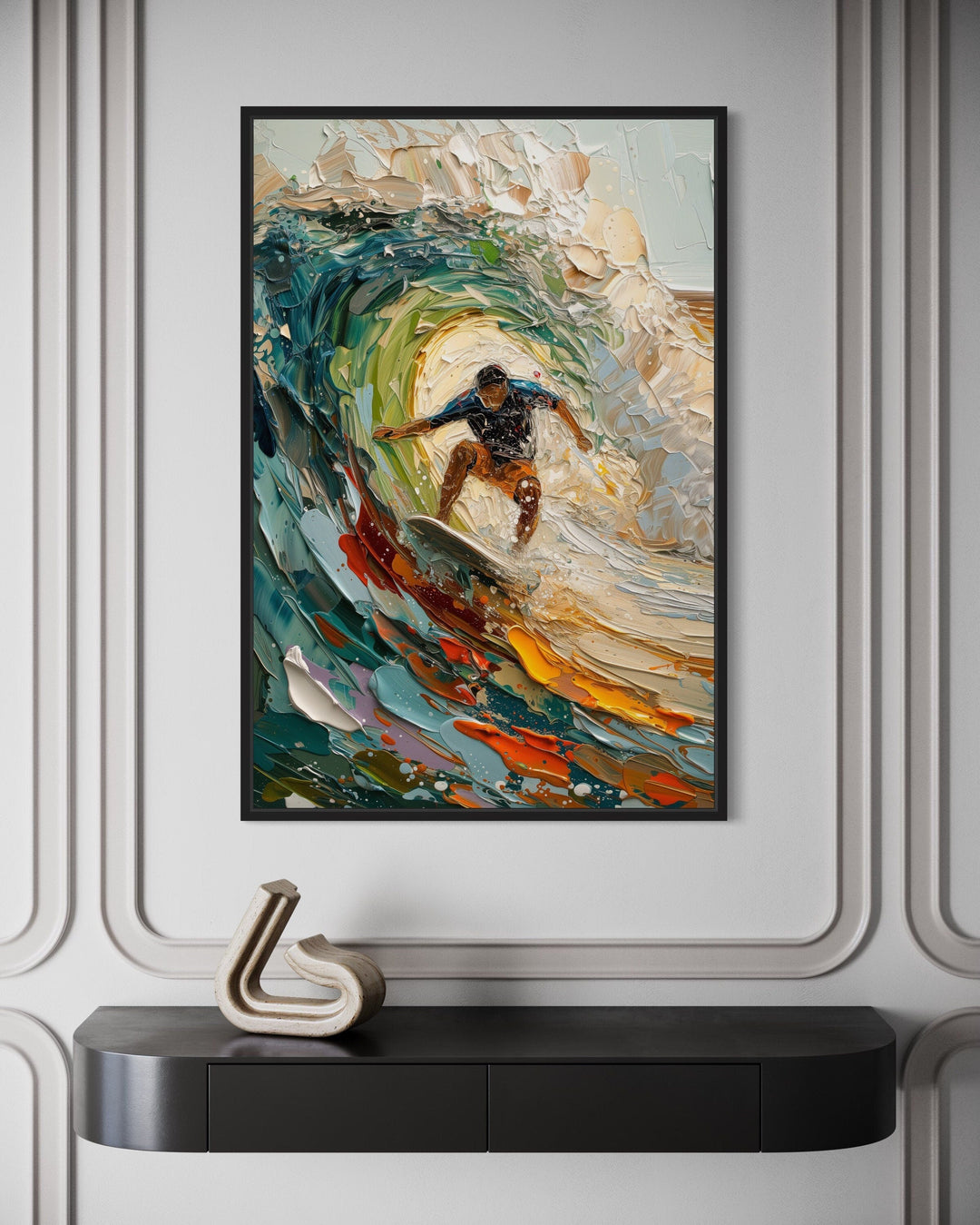 Framed canvas wall art of a surfer riding a colorful, textured wave in an impressionistic style.
