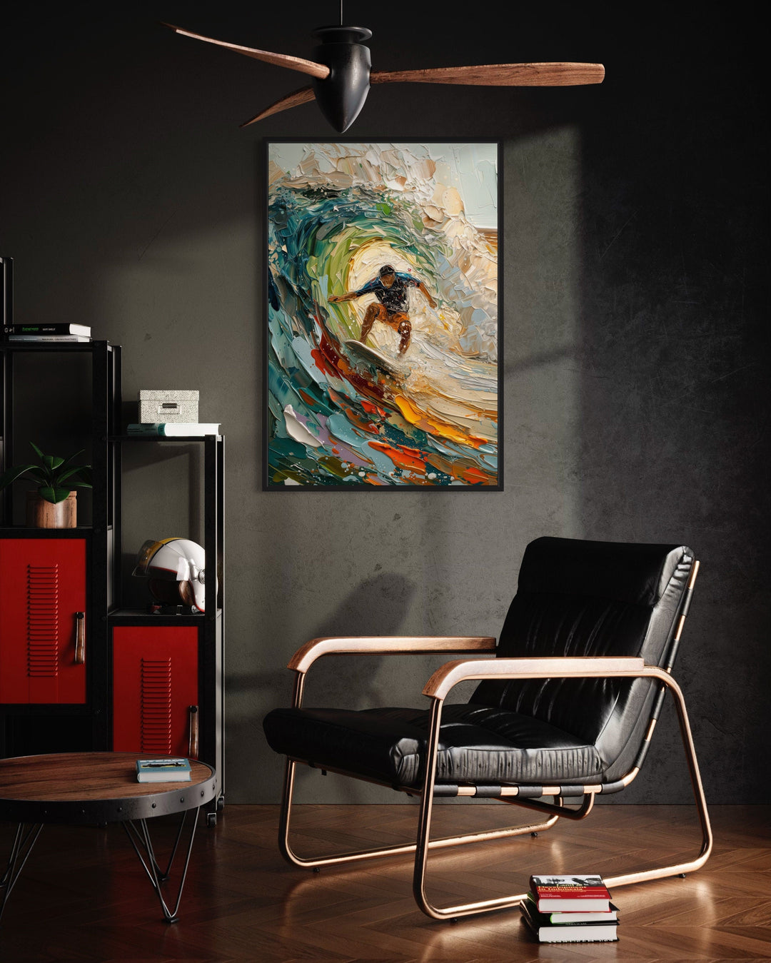 A framed impasto canvas painting of a surfer riding a wave hangs in a modern, dark-walled room.