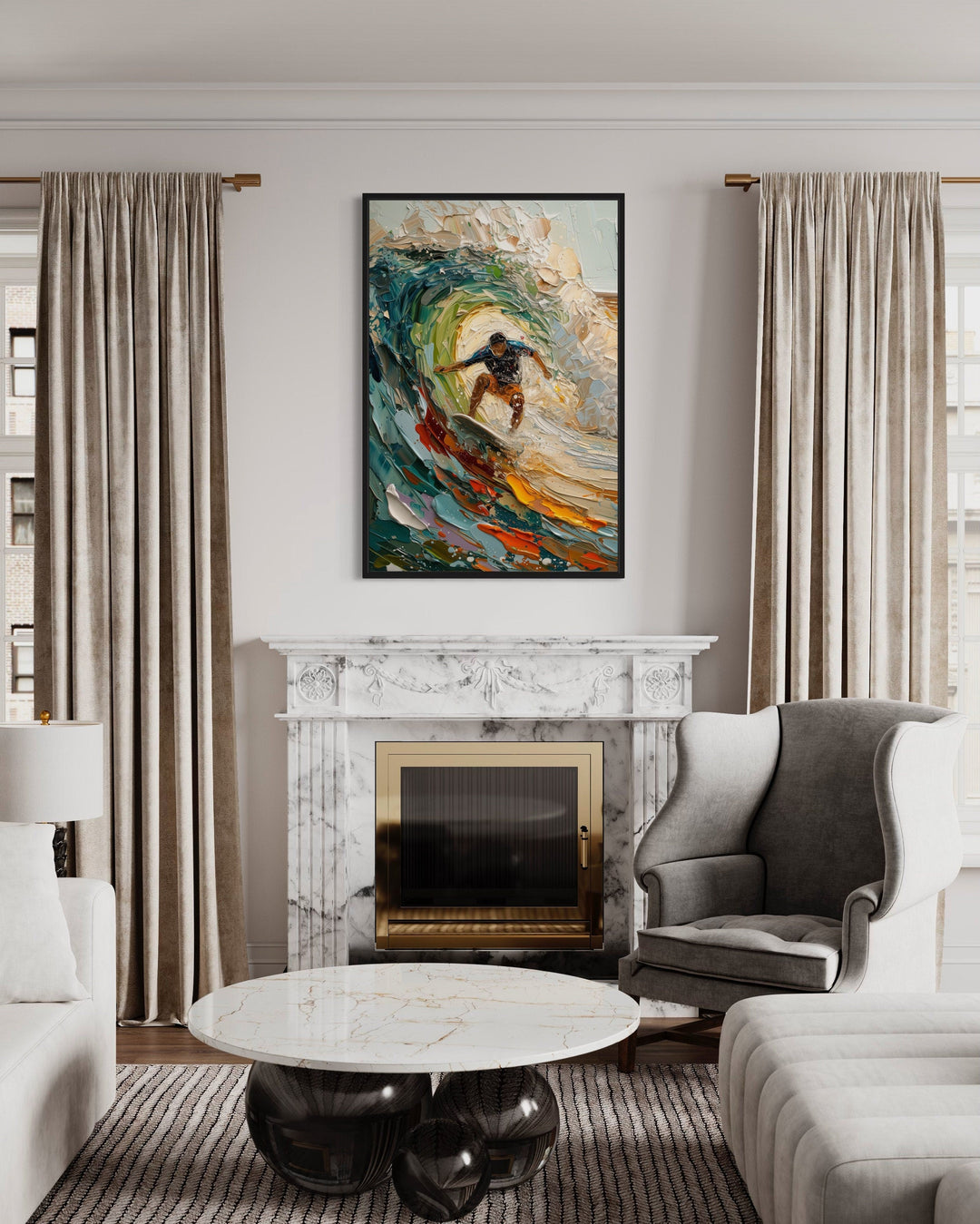 A framed impressionistic canvas painting of a surfer riding a wave hangs above a marble fireplace.