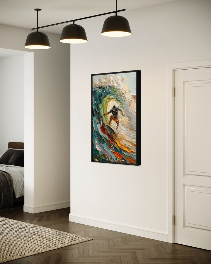 Surfer Riding A Wave Framed Canvas Wall Art