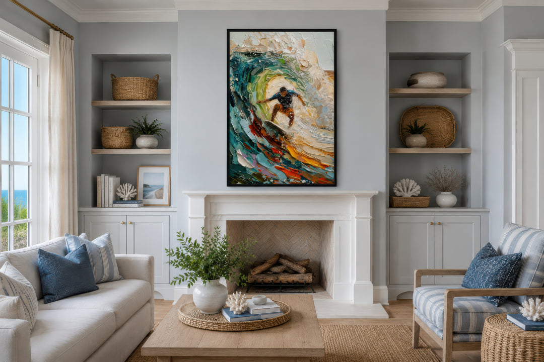 A vibrant, impressionistic framed canvas of a surfer riding a wave hangs above a white fireplace.