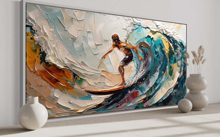 Surfer Riding Big Wave Surfing Framed Canvas Wall Art