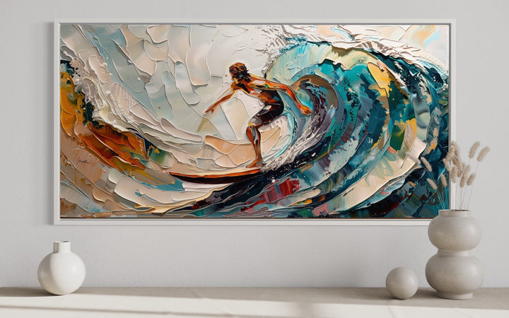 Surfer Riding Big Wave Surfing Framed Canvas Wall Art