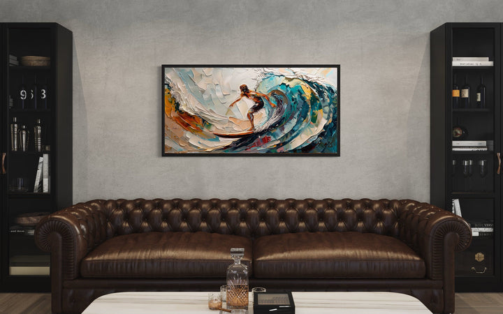 Surfer Riding Big Wave Surfing Framed Canvas Wall Art