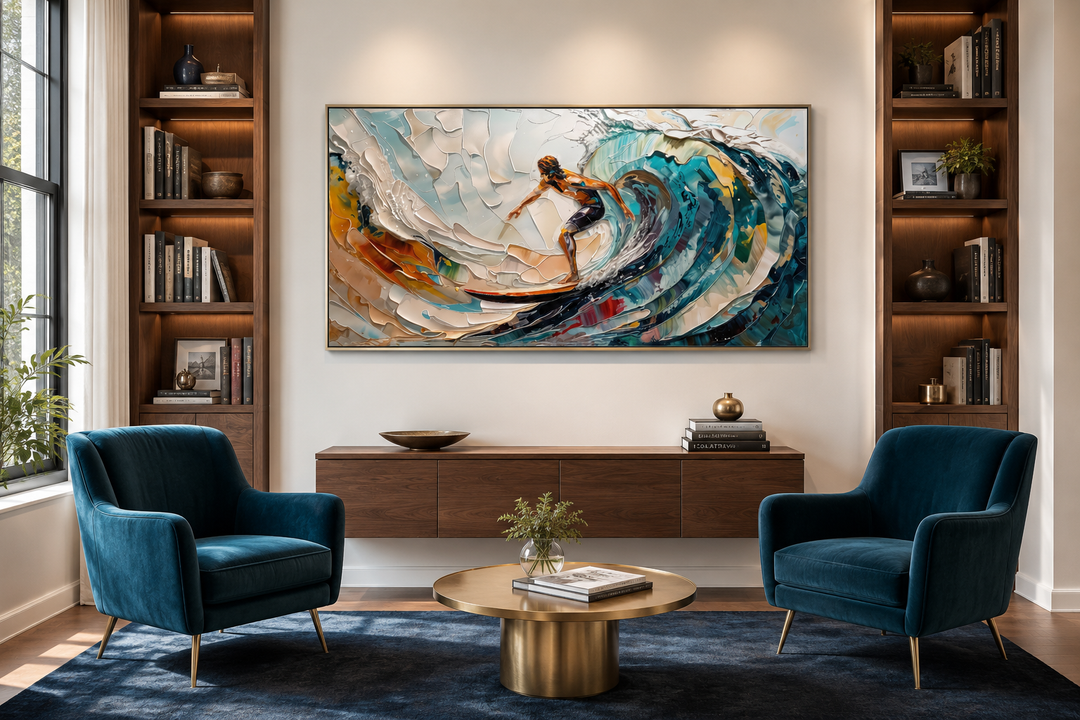 Abstract surfer canvas art featuring a vibrant ocean wave painting in a modern living room setting.