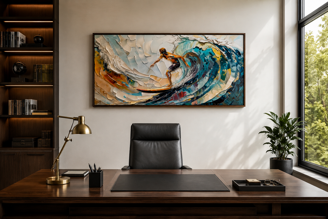 Abstract surfing wall art of a surfer on a vibrant blue wave, framed above a dark wood office desk.