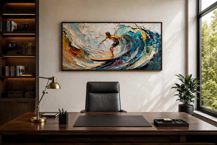 Abstract surfing wall art of a surfer on a vibrant blue wave, framed above a dark wood office desk.