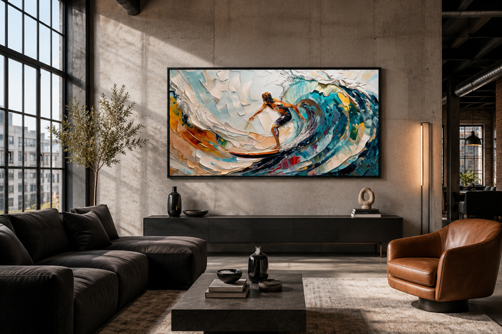 Abstract surfing wall art canvas featuring a surfer on a vibrant, textured ocean wave in a room.