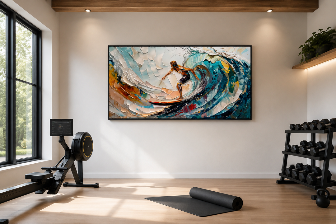 Abstract surfing wall art of a surfer on a vibrant blue wave in a modern home gym setting.