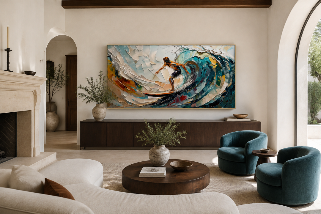 Abstract surfer canvas art featuring a vibrant ocean wave painting in a modern living room.