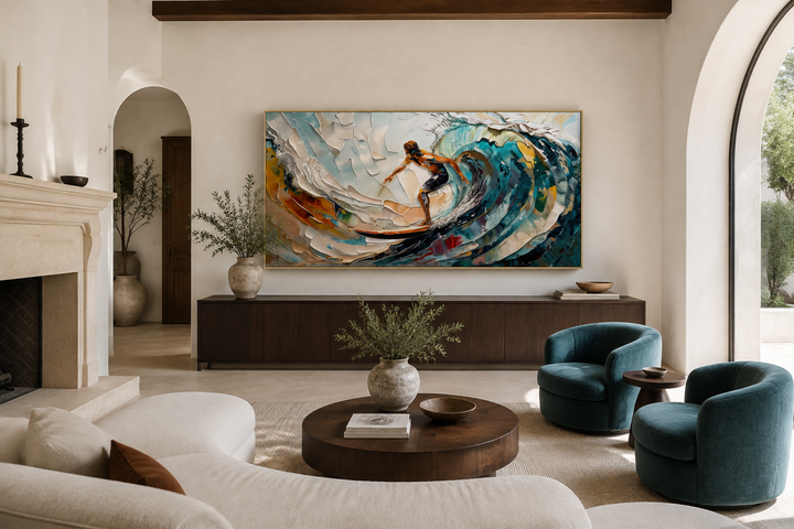 Abstract surfer canvas art featuring a vibrant ocean wave painting in a modern living room.