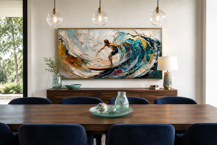 Abstract surfer wall art on canvas featuring a vibrant ocean wave in a modern dining room setting.