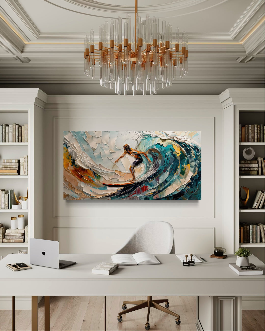 Abstract surfer canvas art with vibrant blue waves hanging in a modern white office setting.