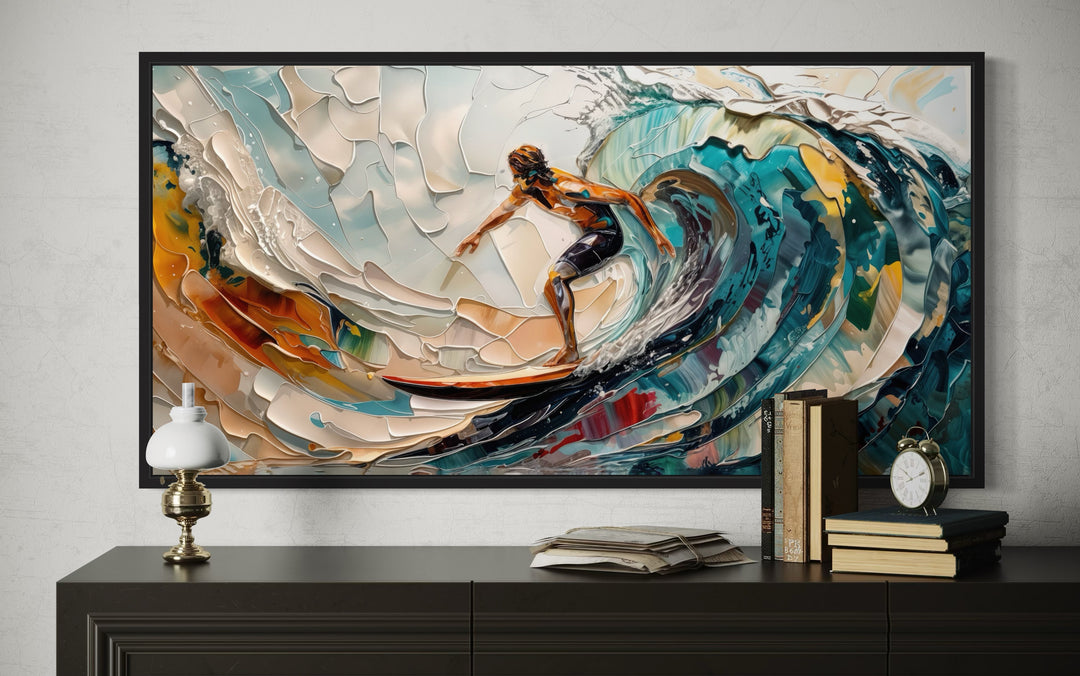 Framed abstract surfing wall art featuring a surfer riding a vibrant, textured ocean wave.