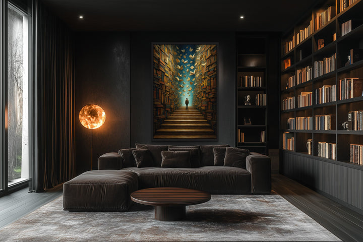 Surreal Library Framed Canvas Wall Art featuring a glowing portal and flying books in a dark room.