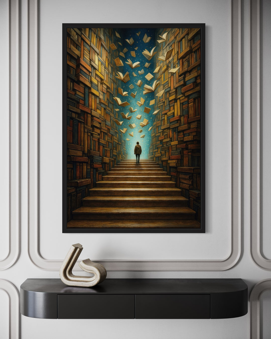 Surreal Library Framed Canvas Wall Art featuring a figure walking toward a glowing portal of books.