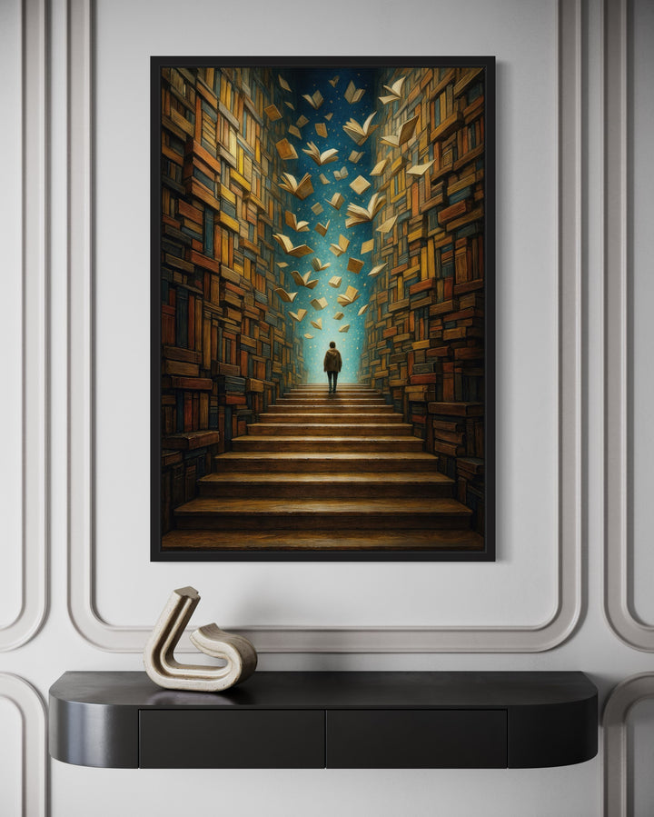 Surreal Library Framed Canvas Wall Art featuring a figure walking toward a glowing portal of books.