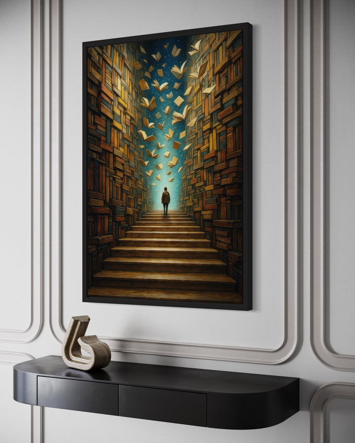 Surreal Library Framed Canvas Wall Art featuring a person walking toward a glowing portal of books.