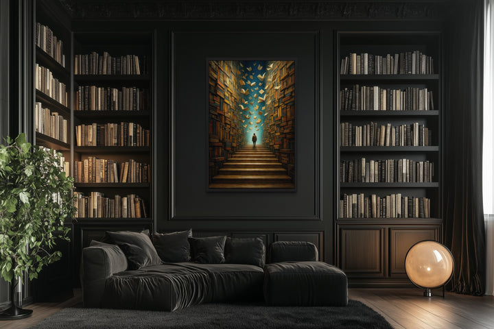 Surreal Library Framed Canvas Wall Art in a dark, moody room with black bookshelves and a sofa.