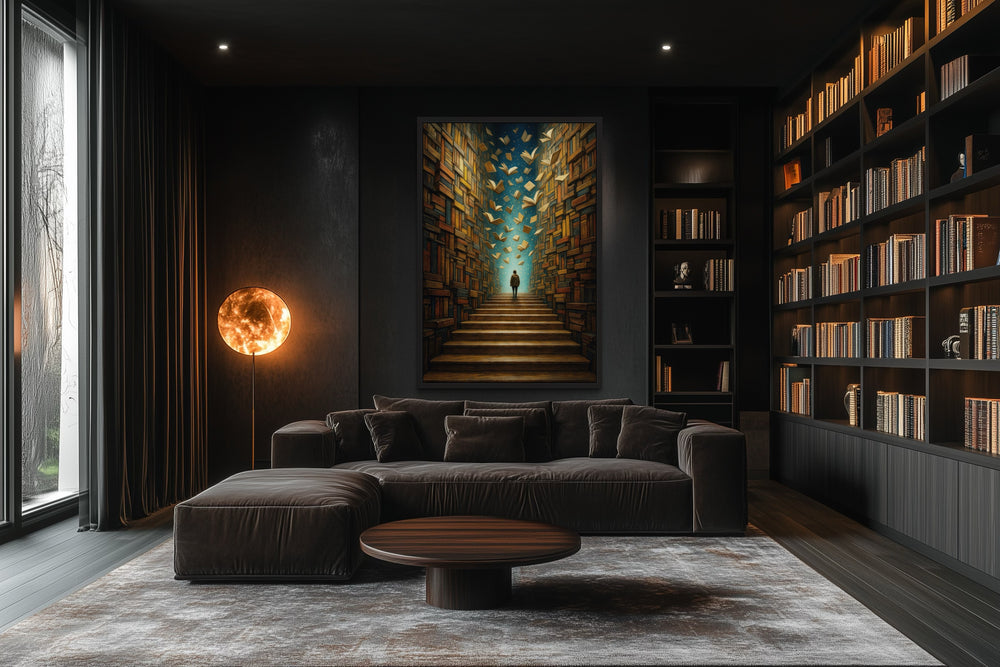Surreal Library Framed Canvas Wall Art featuring a glowing portal and flying books in a dark room.