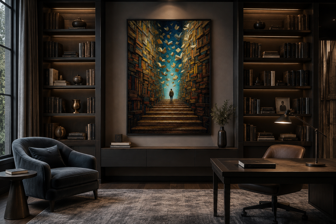 Surreal library framed canvas wall art featuring a man walking up a staircase of flying books.