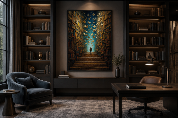 Surreal library framed canvas wall art featuring a man walking up a staircase of flying books.