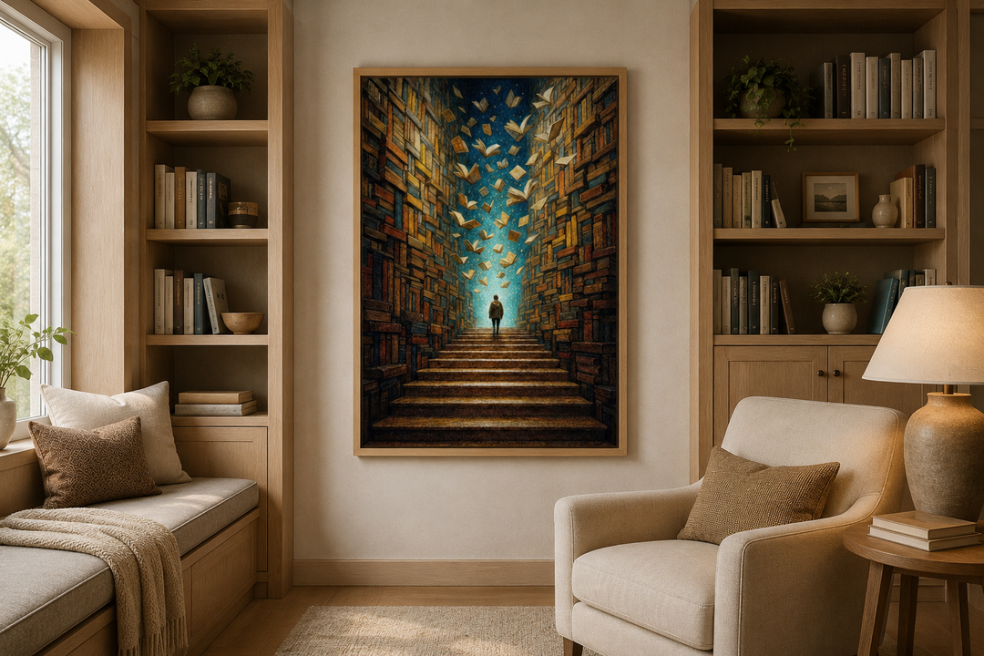 Surreal library framed canvas wall art featuring a figure on stairs with flying books.
