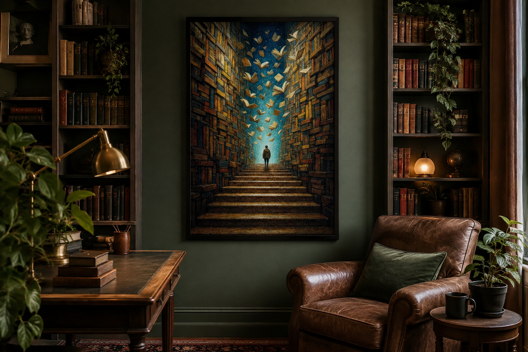 Surreal library framed canvas art showing a person climbing book stairs with flying pages.