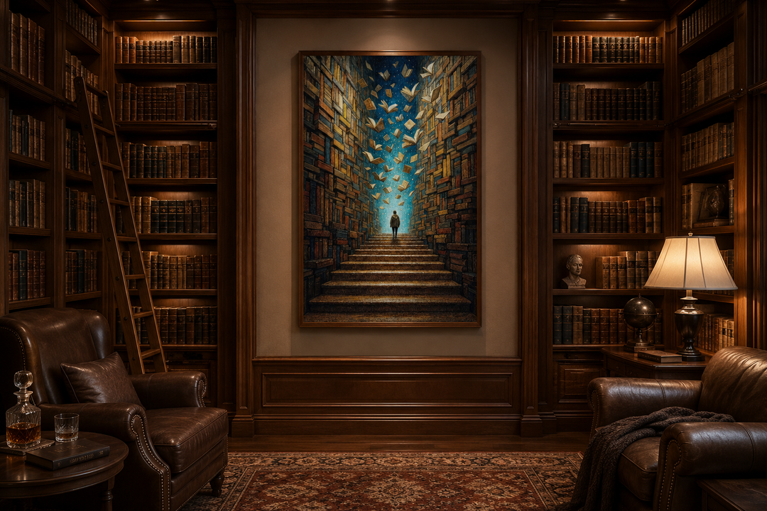 Surreal Library Framed Canvas Wall Art featuring a man on stairs with flying books in a study.