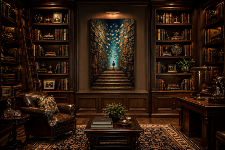 Surreal Library Framed Canvas Wall Art featuring a man on a book staircase with flying pages.