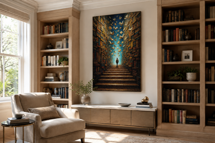 Surreal library framed canvas wall art featuring a man walking up stairs toward a glowing portal.