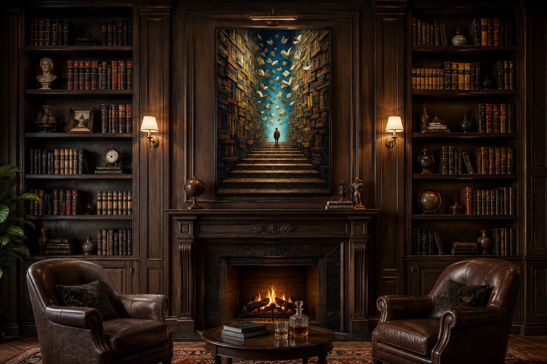 Surreal library framed canvas wall art above a fireplace in a dark wood study with leather chairs.