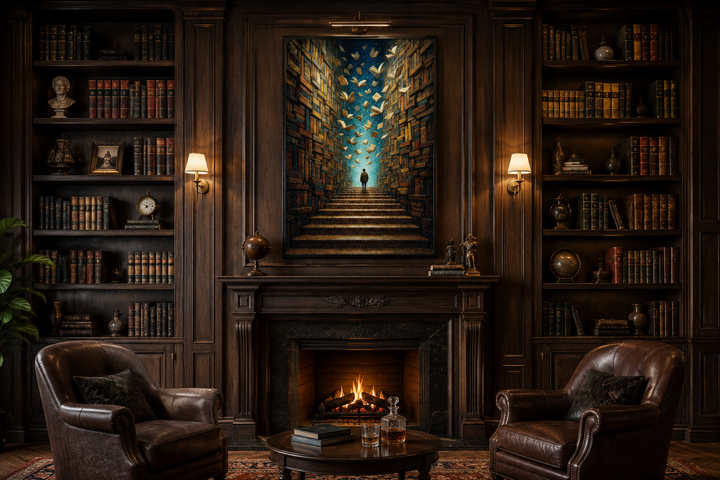 Surreal library framed canvas wall art above a fireplace in a dark wood study with leather chairs.