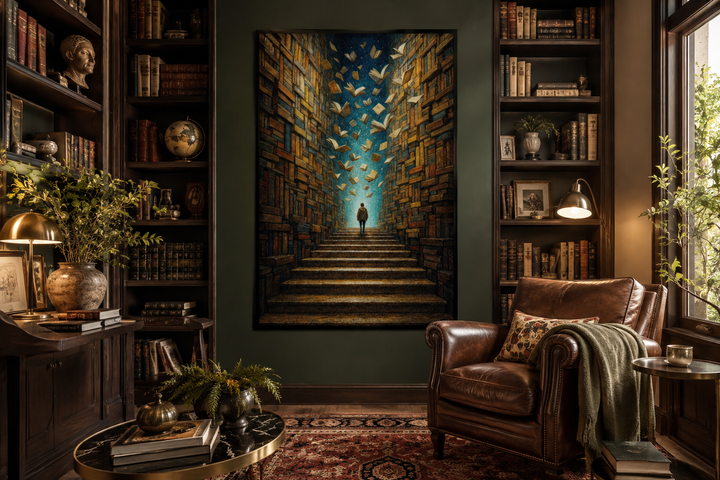 Surreal Library Framed Canvas Wall Art featuring a man on stairs with flying books in a dark study.