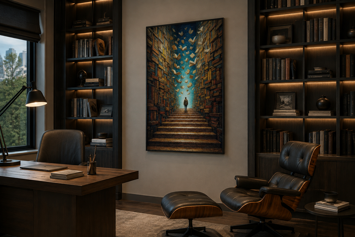 Surreal Library Framed Canvas Wall Art featuring a man on stairs with flying book pages in an office.