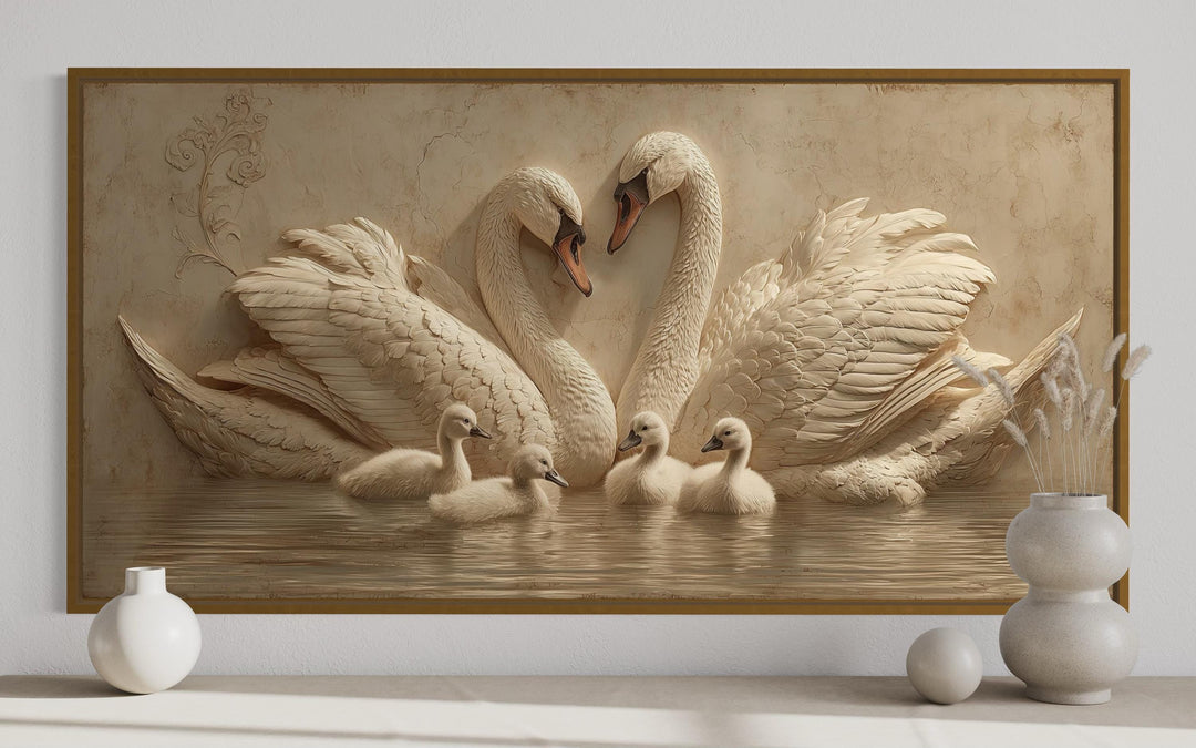 Swan Family With Cygnets Neutral Beige Canvas Wall Art