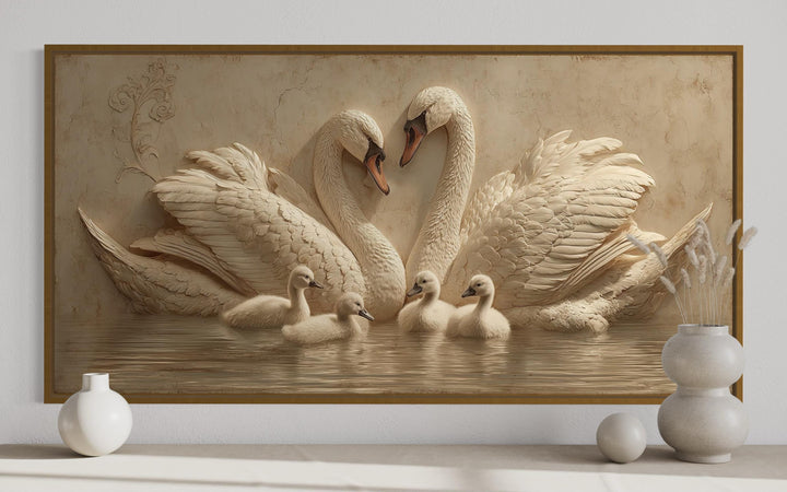 Swan Family With Cygnets Neutral Beige Canvas Wall Art