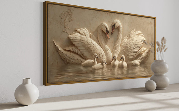 Swan Family With Cygnets Neutral Beige Canvas Wall Art