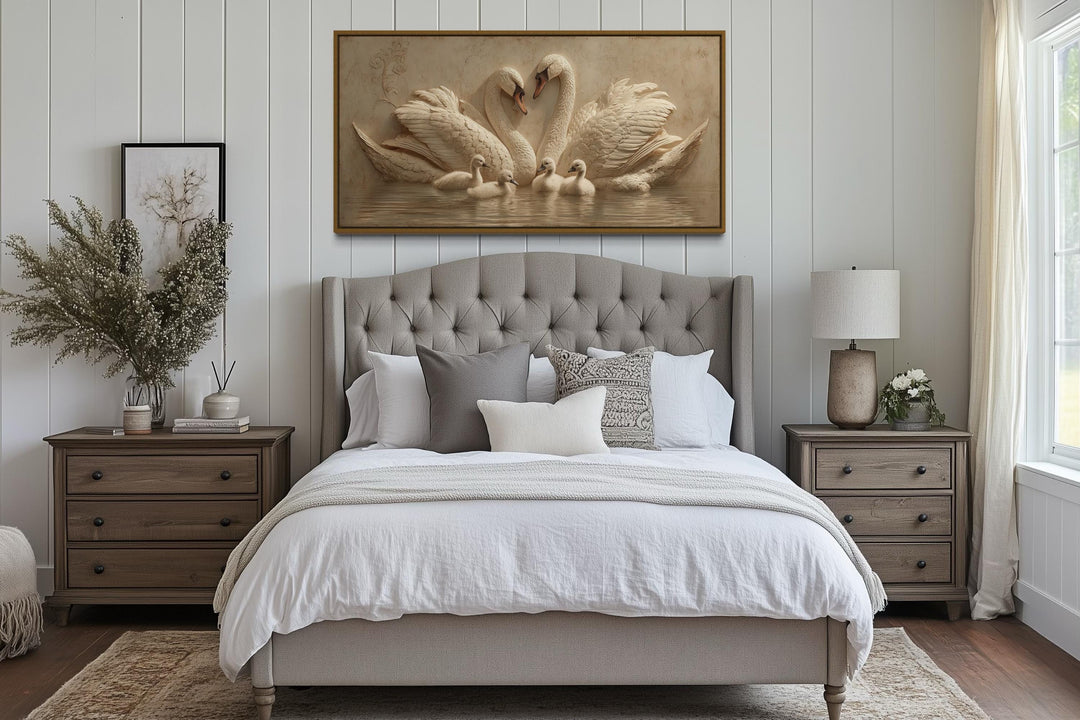 Swan Family With Cygnets Neutral Beige Canvas Wall Art