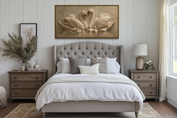 Swan Family With Cygnets Neutral Beige Canvas Wall Art