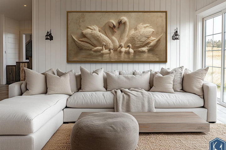 Swan Family With Cygnets Neutral Beige Canvas Wall Art