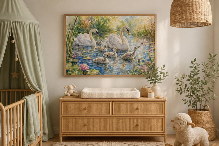 Swan family with cygnets painting in a wooden frame above a dresser in a neutral-toned nursery.