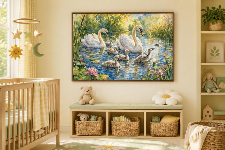 Swan family with baby cygnets canvas wall art in a cozy, neutral-toned nursery above a storage bench.