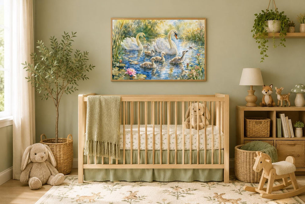 Swan family with cygnets canvas art hanging above a wooden crib in a nature-themed nursery.