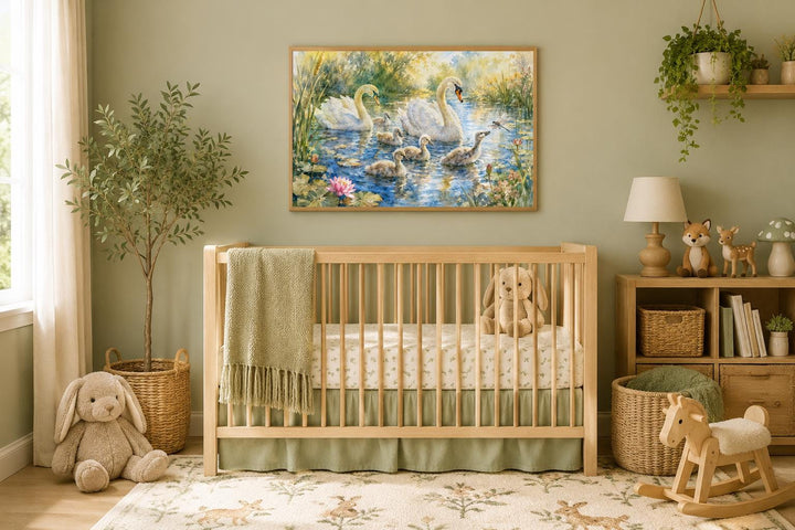 Swan family with cygnets canvas art hanging above a wooden crib in a nature-themed nursery.