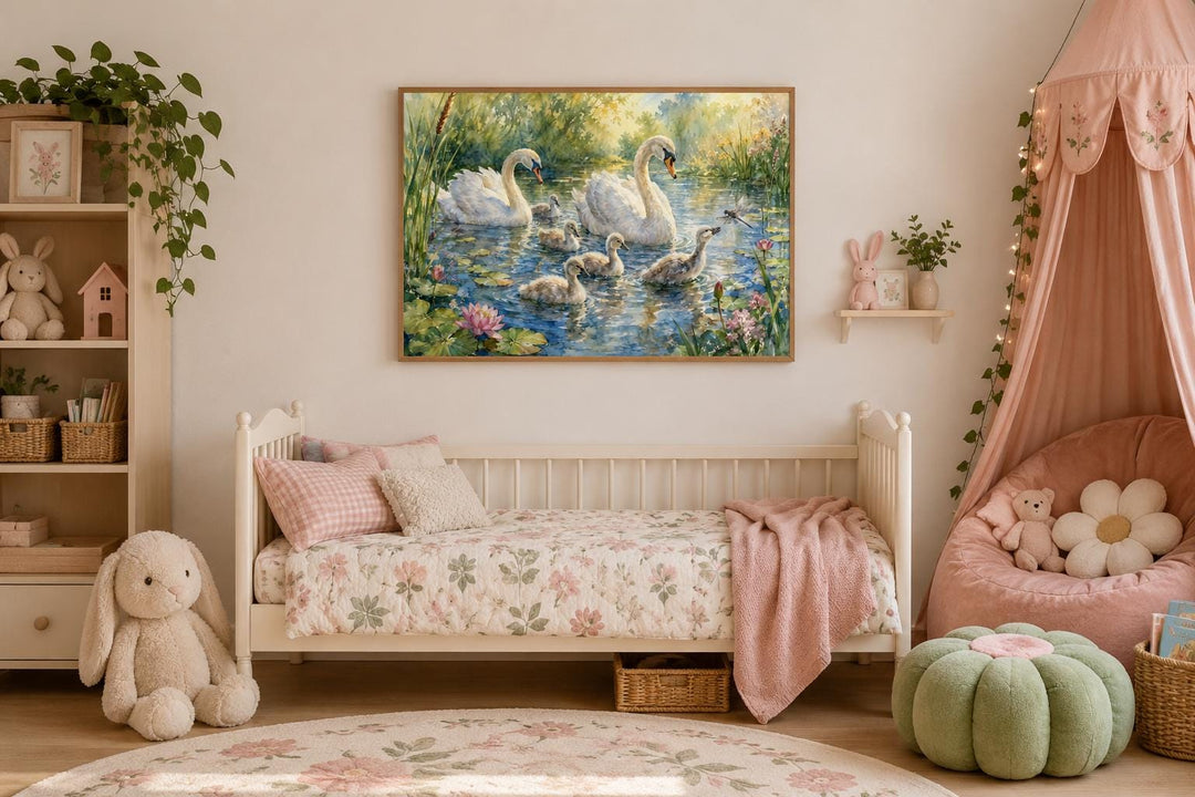 Swan family with cygnets canvas wall art hanging in a cozy, pink-toned nursery above a daybed.