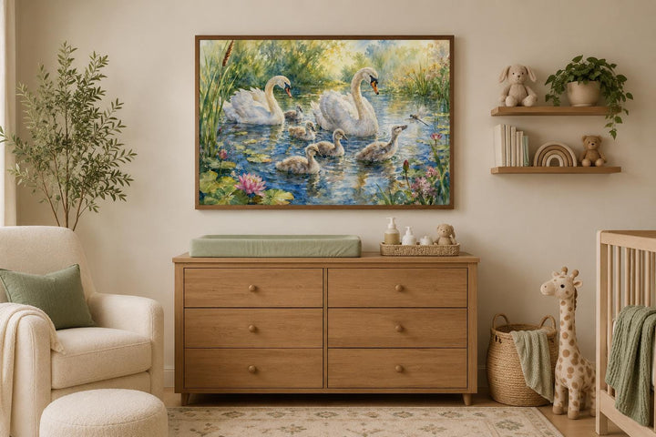 Swan family with baby cygnets canvas wall art hanging in a neutral-toned nursery.