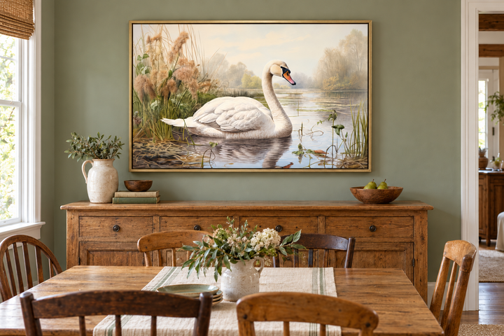 White swan in the lake vintage style framed canvas wall art hanging in a rustic dining room.